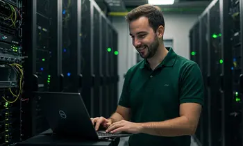 Techniker arbeitet mit Laptop in einem Rechenzentrum zwischen Serverracks.