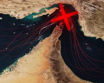 Satellitenansicht der Strait of Hormuz mit roten Schifffahrtslinien und einem großen roten X-Zeichen, das eine Blockade, einen maritimen Konflikt oder eine Handelsstörung in diesem strategisch wichtigen globalen Engpass für Öl symbolisiert. 