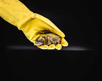 Hand in gelbem Gummihandschuh hält ein dunkelbraunes, gelblich gemasertes Gesteinsstück vor schwarzem Hintergrund.
