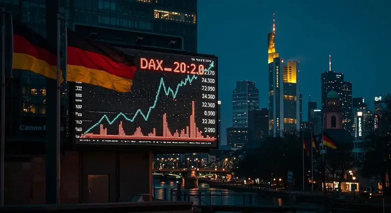 Dax-Entwicklung auf Board vor Frankfurter Skyline. 