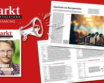 Markt-und-Mittelstand-Grafik mit Magazincover, Heftseiten und Megafon auf rotem Hintergrund.