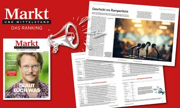 Markt-und-Mittelstand-Grafik mit Magazincover, Heftseiten und Megafon auf rotem Hintergrund.