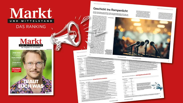 Markt-und-Mittelstand-Grafik mit Magazincover, Heftseiten und Megafon auf rotem Hintergrund.