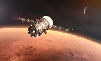 Raumsonde im Orbit über dem Mars mit sichtbarer Planetenoberfläche.