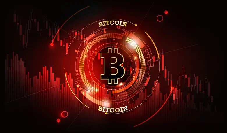 Grafische Darstellung eines Bitcoin-Symbols vor rotem Kurschart mit fallenden Linien – Symbol für Kurssturz und Marktvolatilität.