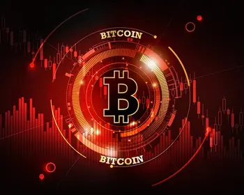 Grafische Darstellung eines Bitcoin-Symbols vor rotem Kurschart mit fallenden Linien – Symbol für Kurssturz und Marktvolatilität.