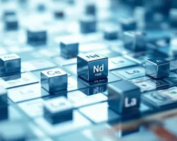 Drei metallische Würfel mit chemischen Symbolen für Neodym, Cer und Lanthan liegen auf einem bläulich schimmernden Periodensystem und symbolisieren seltene Erden als Technologiemetalle.