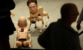 Ein vierläufiger Roboterhund mit einem menschlich wirkenden Silikonkopf steht in einem abgedunkelten Ausstellungsraum, im Vordergrund ein weiterer liegender Roboter.
