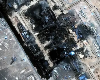 Satellitenaufnahme einer großen Industrieanlage in der Wüste, bei der mehrere Gebäudekomplexe durch Feuer schwarz verkohlt und teilweise zerstört sind.