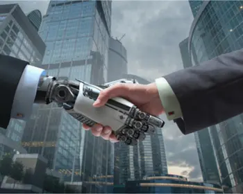 Menschliche Hand schüttelt Roboterarm. 