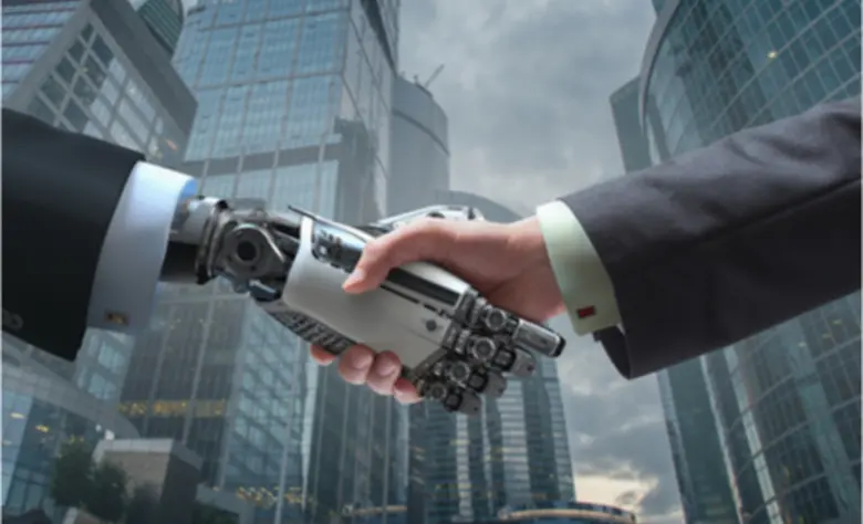 Menschliche Hand schüttelt Roboterarm. 
