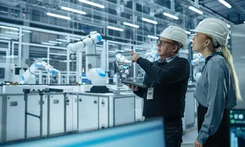 Ingenieure mit Schutzhelmen überwachen automatisierte Produktionsanlagen in einer modernen Fabrikhalle.