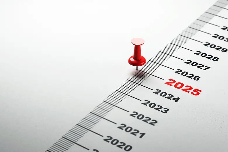 Zeitachse mit Jahreszahlen, das Jahr 2025 ist mit einem roten Pin hervorgehoben.