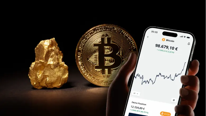 Das Foto zeigt einen Goldklumpen auf der linken Seite, in der Mitte einen Bitcoin und rechts ein Handy mit einem Aktienchart.