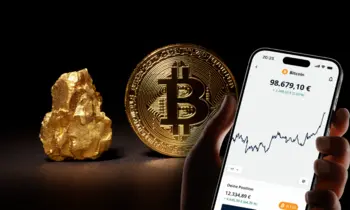 Das Foto zeigt einen Goldklumpen auf der linken Seite, in der Mitte einen Bitcoin und rechts ein Handy mit einem Aktienchart.