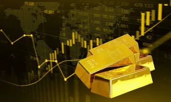 Goldbarren vor Weltkarte mit steigenden Kurslinien, Symbol für den GDX Goldaktien-ETF