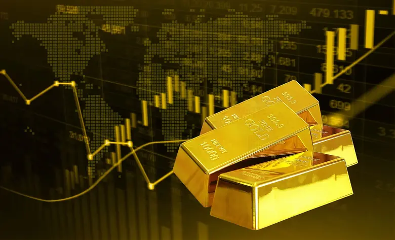 Goldbarren vor Weltkarte mit steigenden Kurslinien, Symbol für den GDX Goldaktien-ETF