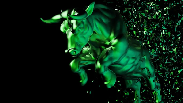 Grüner metallischer Bulle mit Partikeleffekten auf dunklem Hintergrund – Symbolbild für Börsenaufschwung, starke Aktien und technische Analyse.