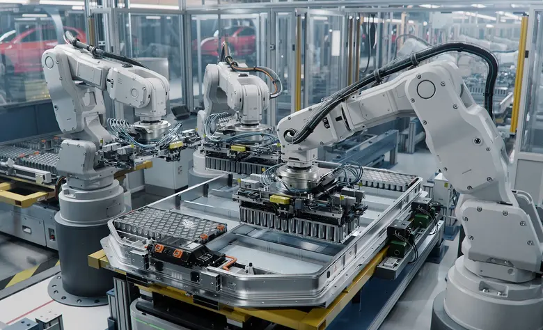 Industrieroboterarme in einer automatisierten Autofabrik