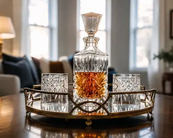 Eine Flasche Whiskey steht auf einem Tisch mit zwei Gläsern links und rechts.