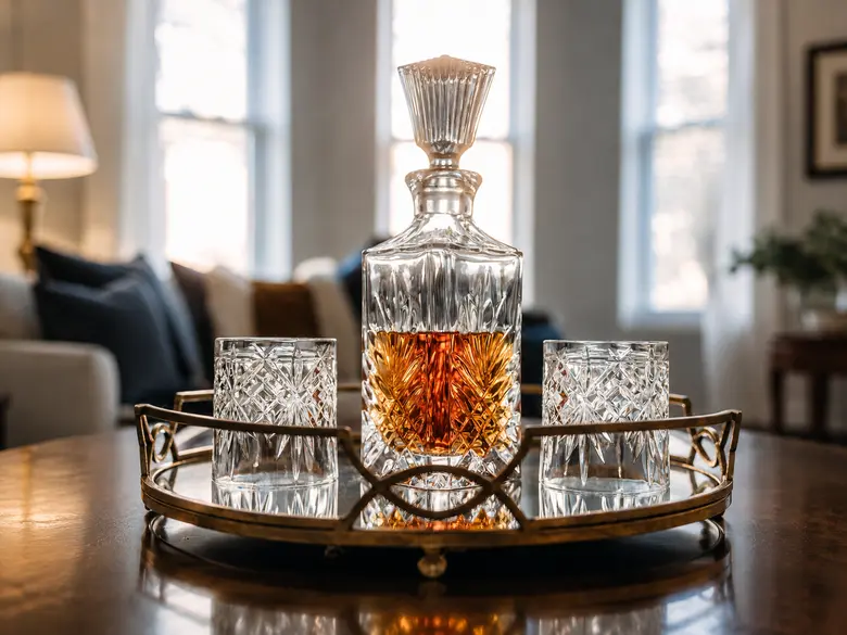 Eine Flasche Whiskey steht auf einem Tisch mit zwei Gläsern links und rechts.