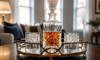 Eine Flasche Whiskey steht auf einem Tisch mit zwei Gläsern links und rechts.