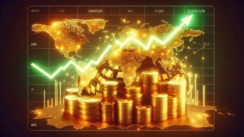 Steigende Goldmünzen und Weltkarte mit grünem Aufwärtstrend – Symbol für den globalen Goldpreis-Anstieg über 4.000 US-Dollar.