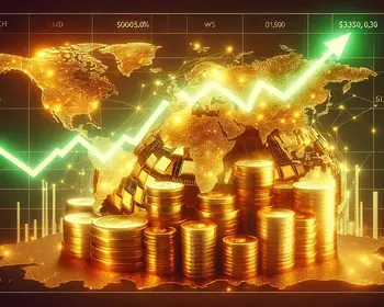 Steigende Goldmünzen und Weltkarte mit grünem Aufwärtstrend – Symbol für den globalen Goldpreis-Anstieg über 4.000 US-Dollar.