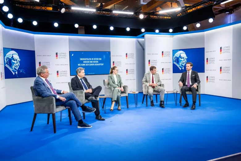 Über die Energiepolitik in unruhigen Zeiten debattieren (v. l.) Moderator Friedbert Pflüger, Achim Schröder, Heike Freund, Greg Hands und Jörg Selbach-Röntgen beim Panel zur Energiepolitik (Foto: WEIMER MEDIA GROUP).